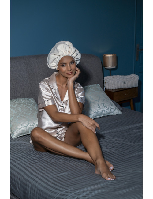 Bonnet de nuit satin & gaze de coton - ivoire