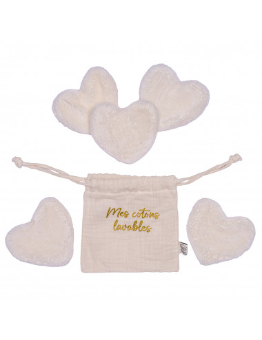 Set 5 cotons lavables forme cœur dans pochon - lait