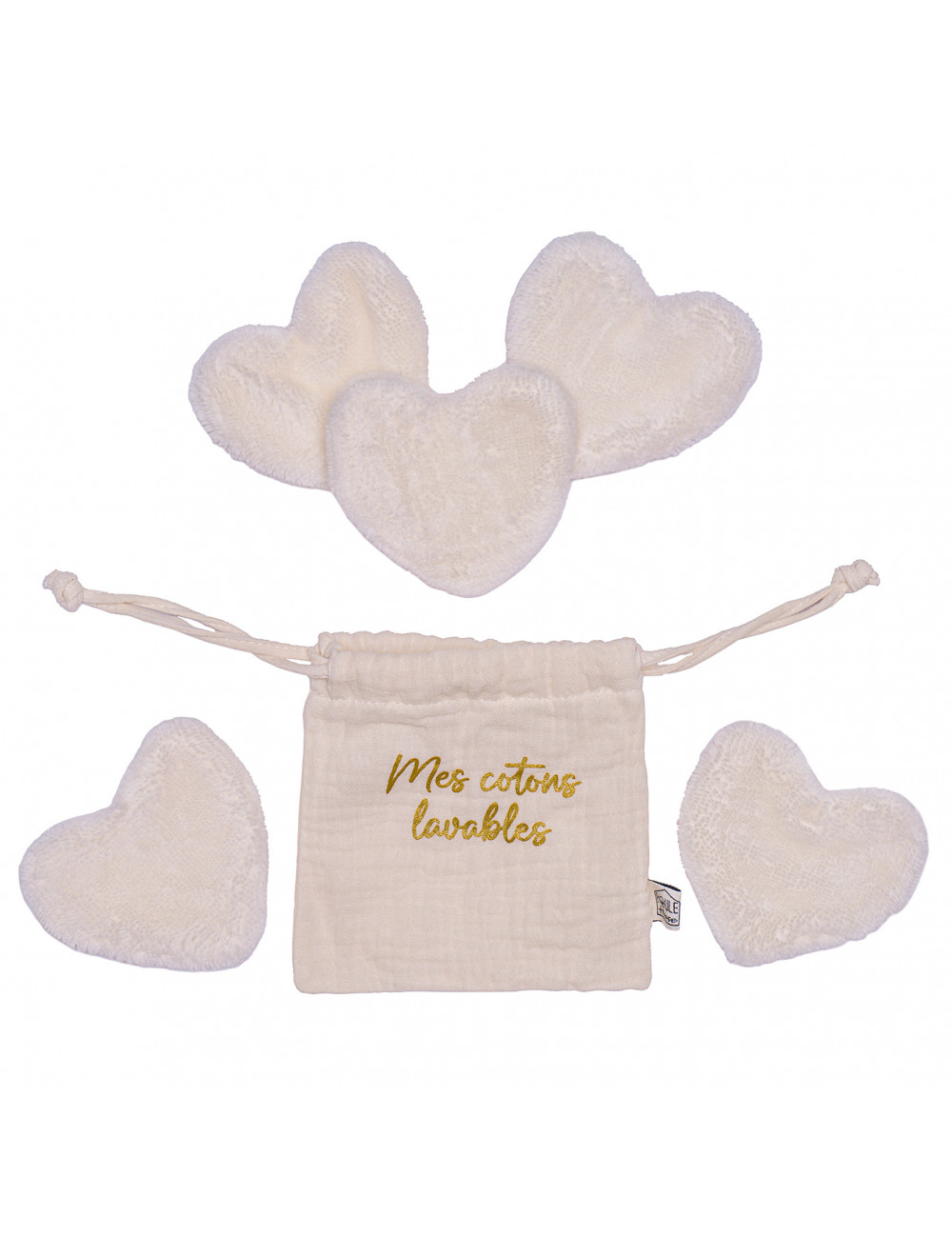 Set 5 cotons lavables forme cœur dans pochon - lait