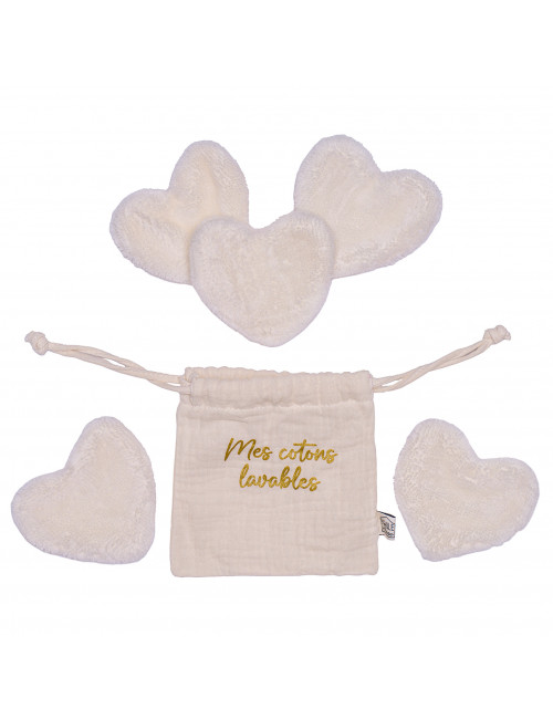 Set 5 cotons lavables forme cœur dans pochon - lait
