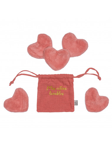 Set 5 cotons lavables forme cœur dans pochon - terracotta