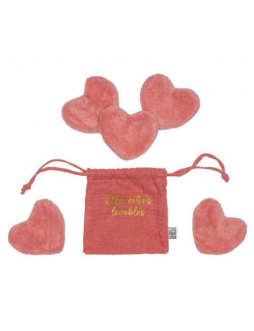 Set 5 cotons lavables forme cœur dans pochon - terracotta