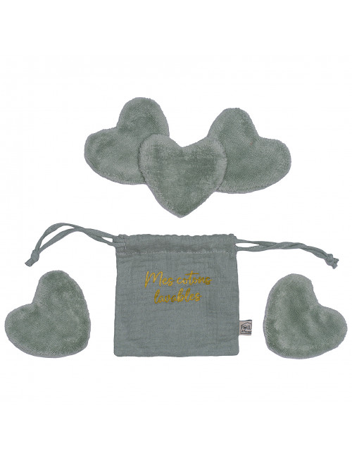Set 5 cotons lavables forme cœur dans pochon - sauge