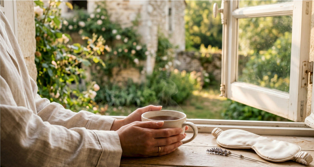 Routine matin Poule House : tasse de thé à la fenêtre au lever du jour, masque de nuit en satin écru et brin de lavande sur le rebord