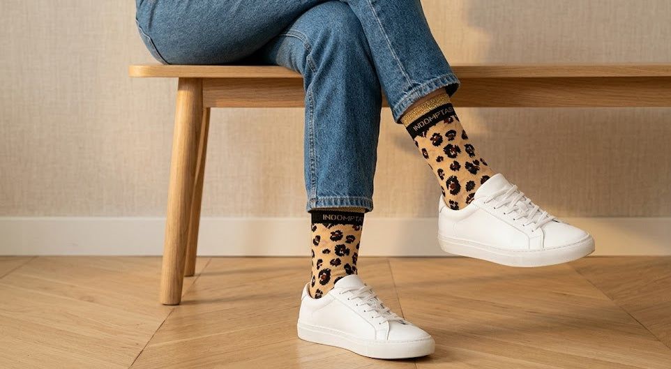 Chaussettes léopard à fil lurex doré Poule House portées avec jean droit et sneakers blanches
