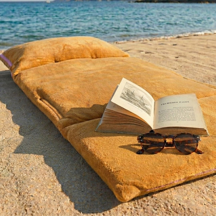 Matelas de plage éponge bambou rayé melon / bonbon à la plage | Poule House