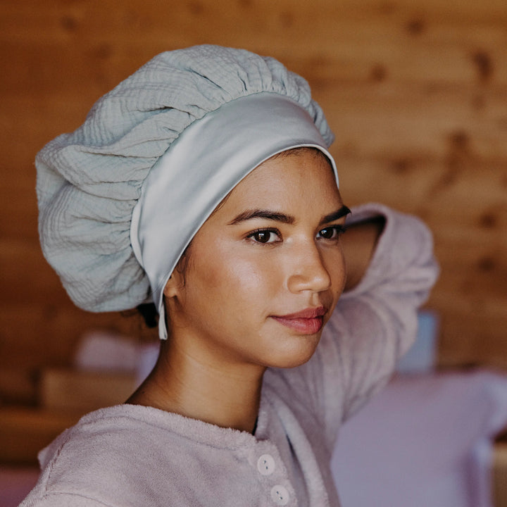 Lifestyle Bonnet de nuit satin & gaze de coton vert de gris - Poule House
