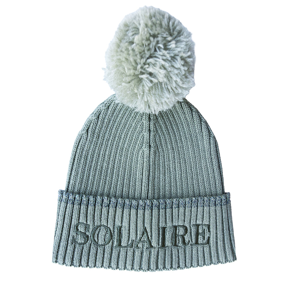 Bonnet pompon lurex vert de gris message brodé SOLAIRE Poule House