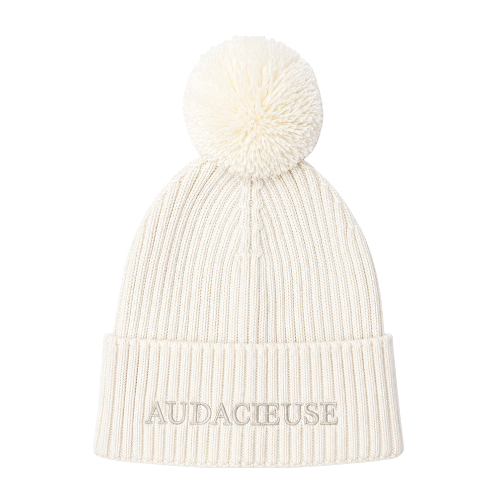 Bonnet pompon lurex ivoire message brodé AUDACIEUSE Poule House