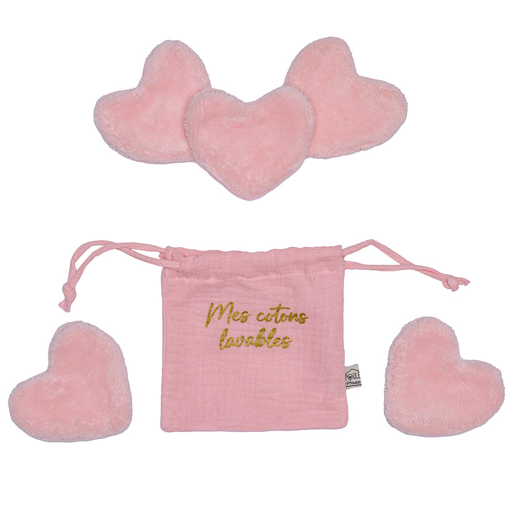 Set 5 cotons lavables forme cœur dans pochon - dragée