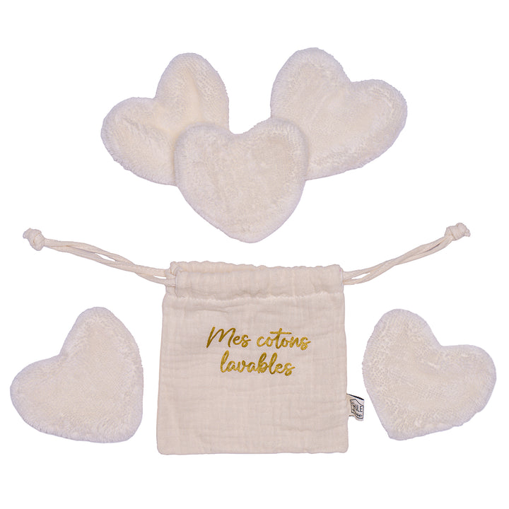 Set 5 cotons lavables forme cœur dans pochon - lait