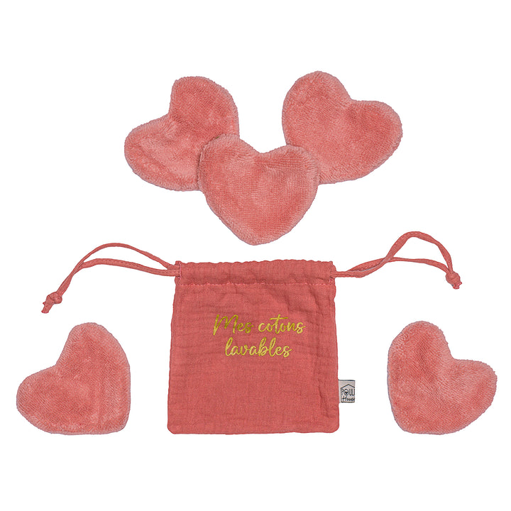 Set 5 cotons lavables forme cœur dans pochon - terracotta