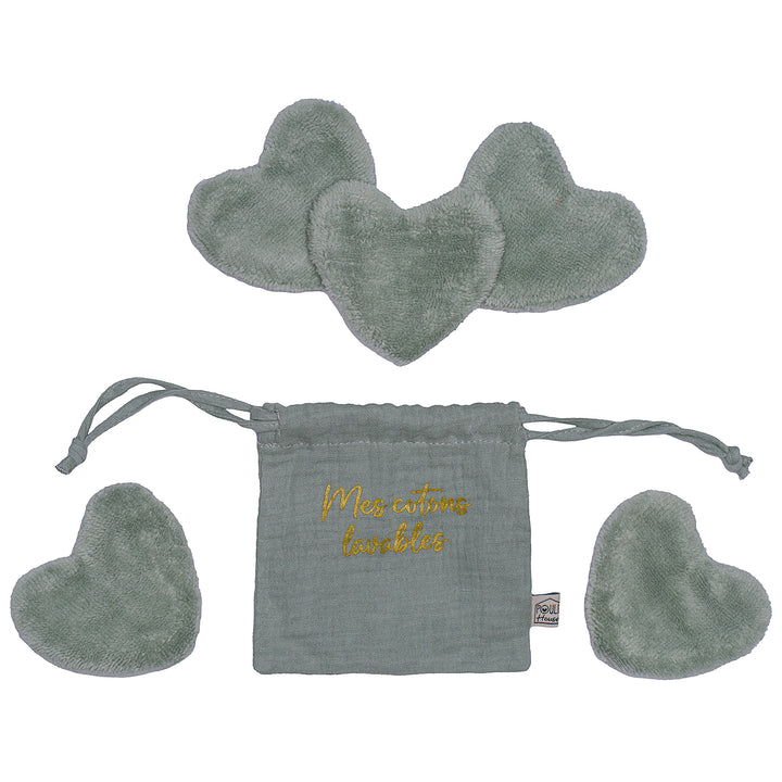 Set 5 cotons lavables forme cœur dans pochon - sauge