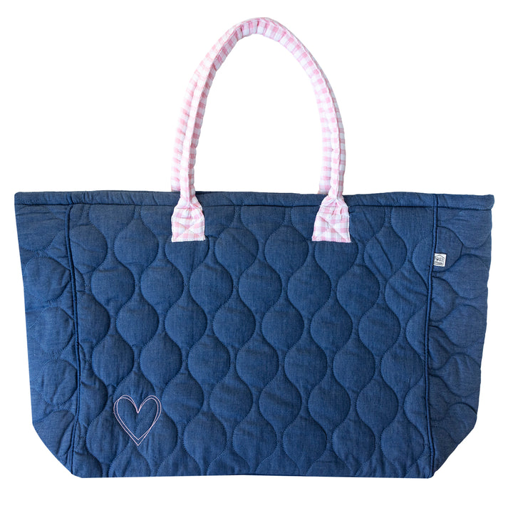 Grand sac cabas broderie cœur - chambray / vichy rose