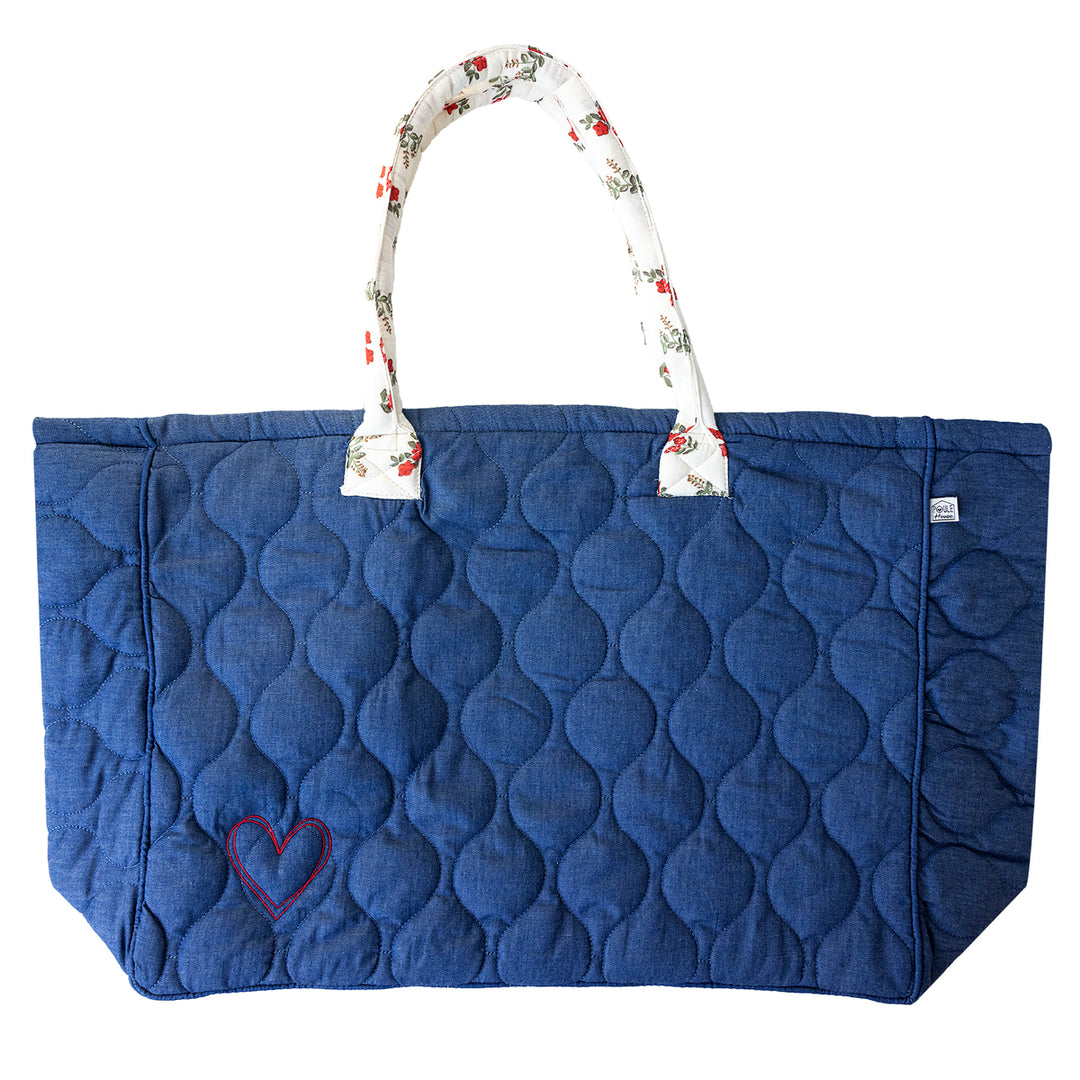 Grand sac cabas broderie cœur - chambray / fleurs rouges