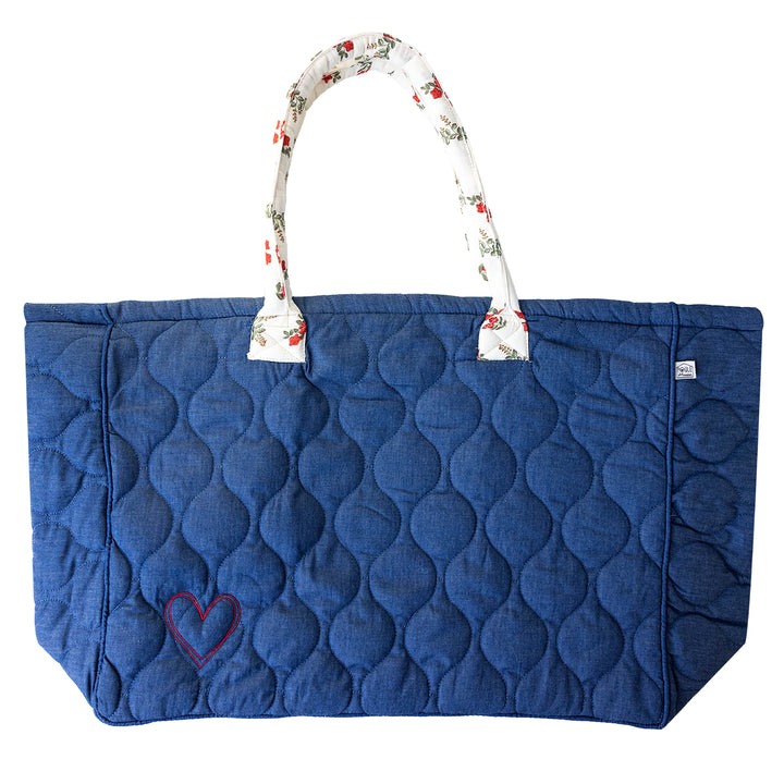 Grand sac cabas broderie cœur - chambray / fleurs rouges