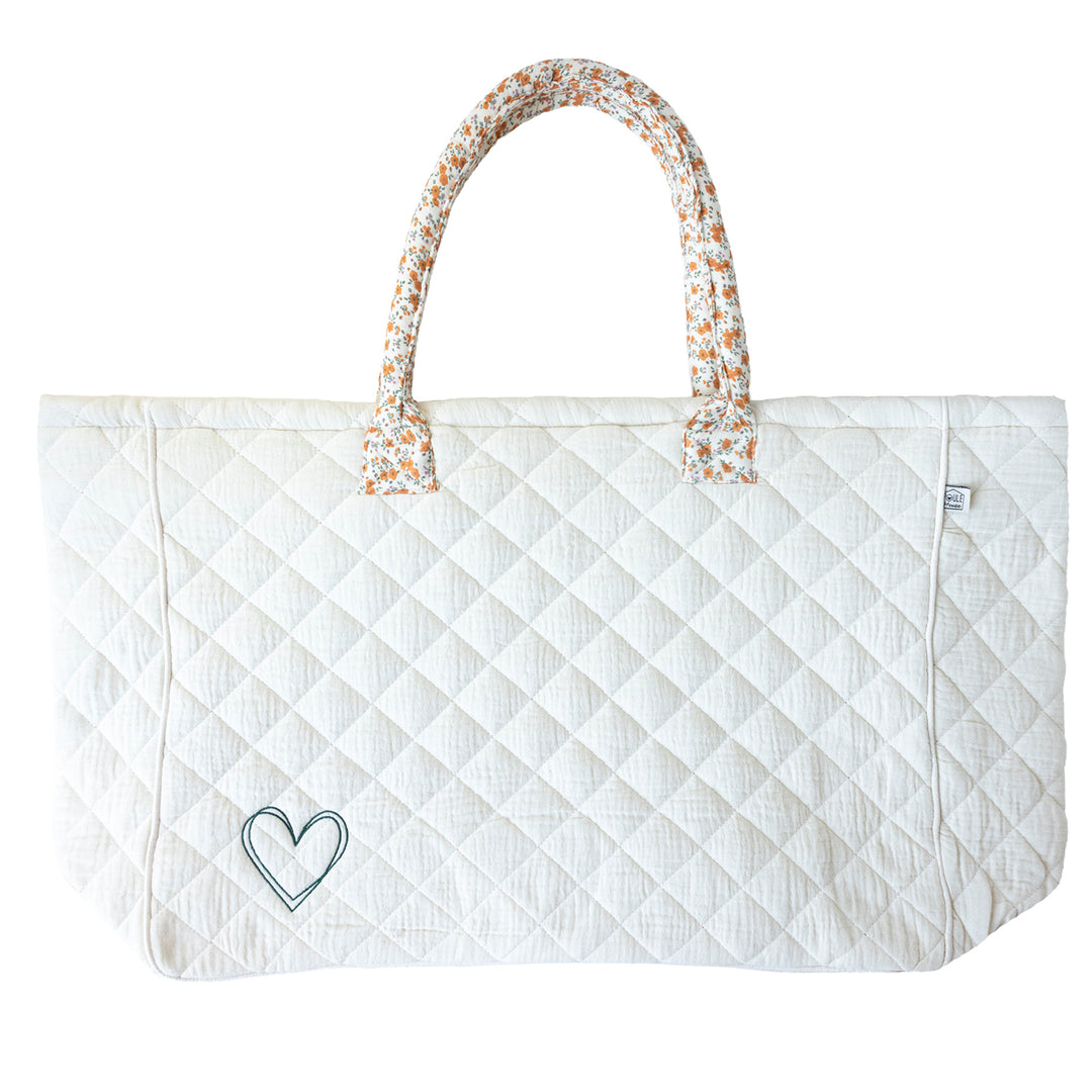 Grand sac cabas broderie cœur - crème / liberty orange
