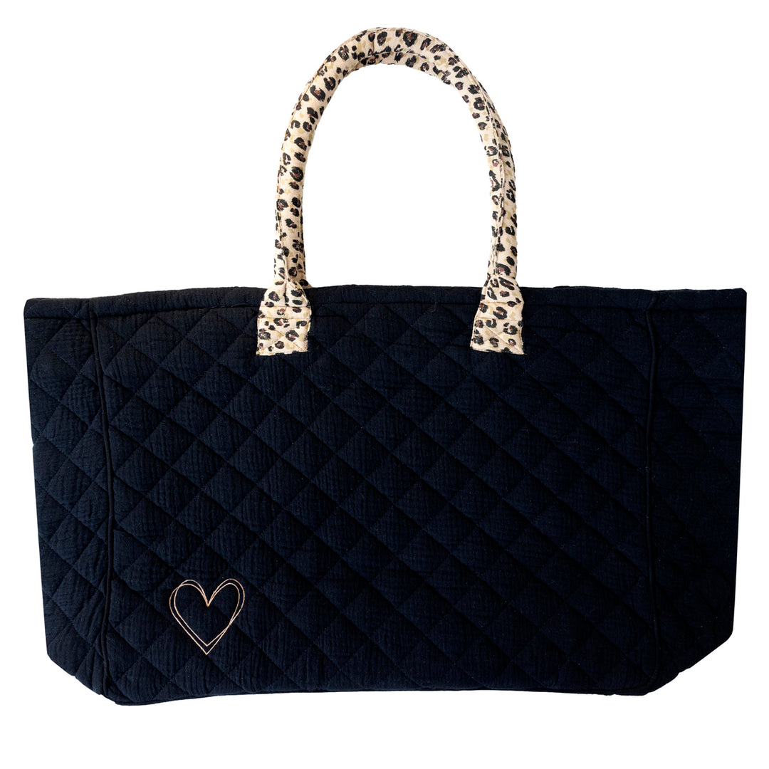 Grand sac cabas broderie cœur - noir / léopard