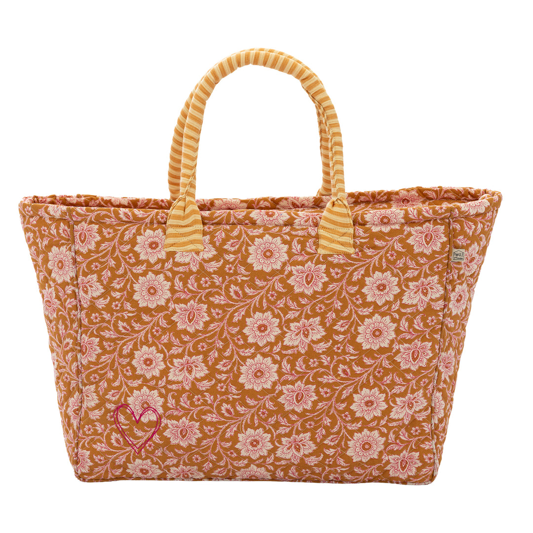 Grand sac cabas broderie cœur - fleurs indiennes / rayé lemon mangue