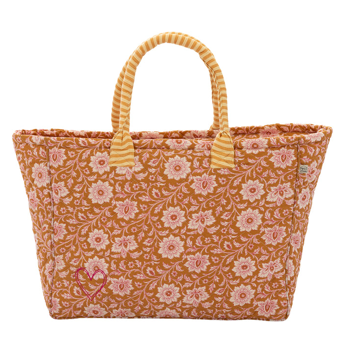 Grand sac cabas broderie cœur - fleurs indiennes / rayé lemon mangue