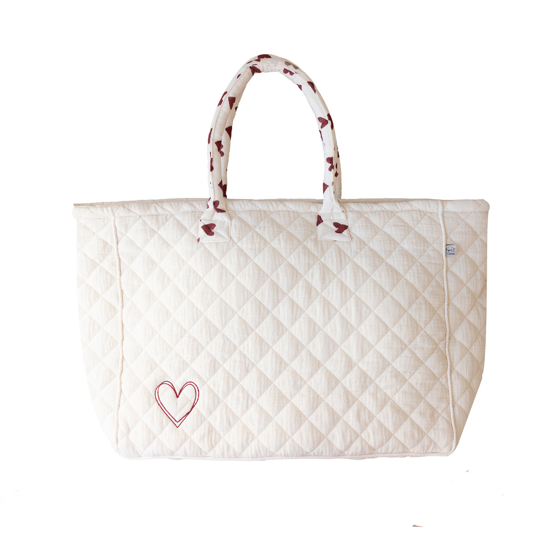 Grand sac cabas broderie cœur - écru / cœurs bordeaux