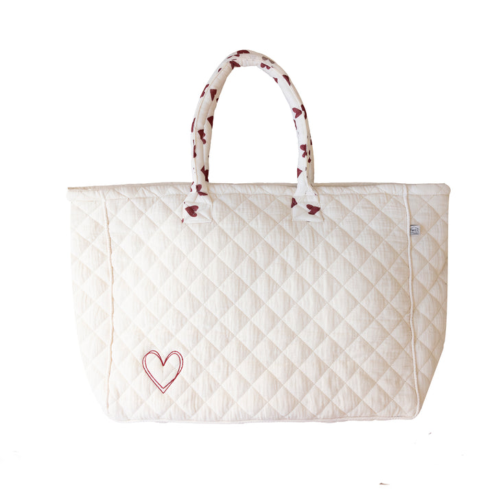 Grand sac cabas broderie cœur - écru / cœurs bordeaux