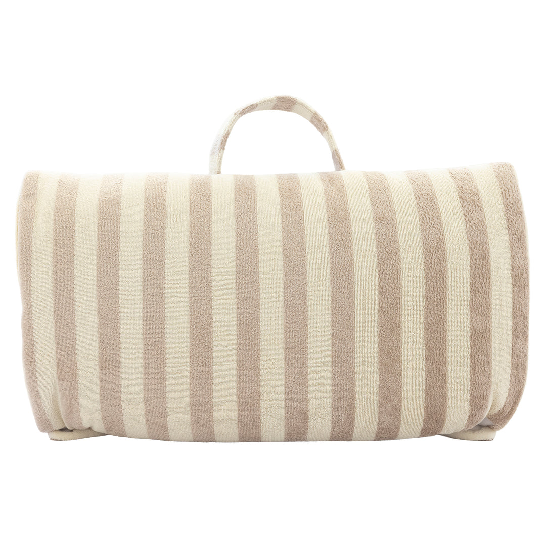 Matelas de plage éponge bambou rayé écru / galet plié en sac | Poule House