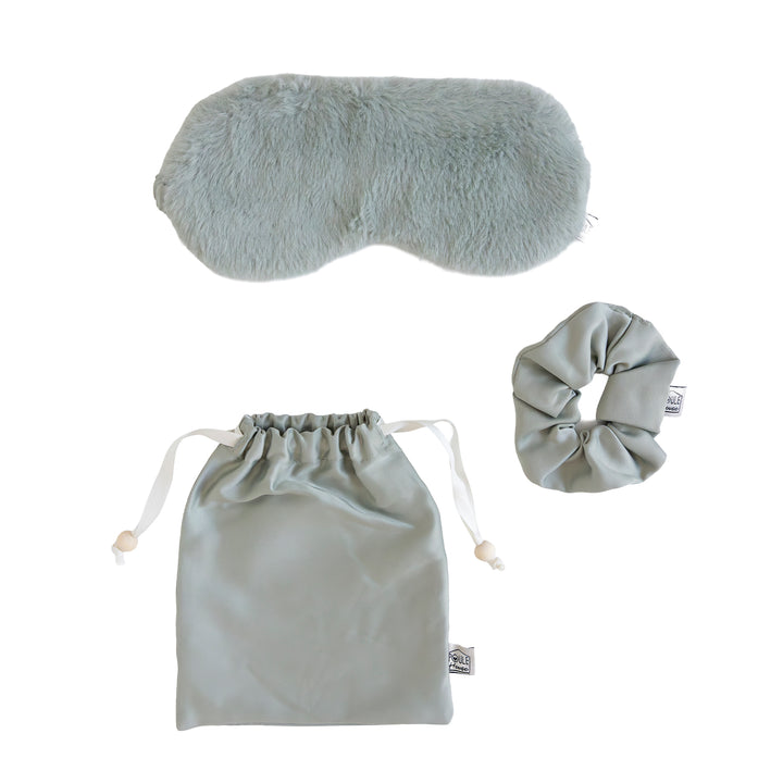Masque de sommeil et chouchou en satin vert de gris - Poule House