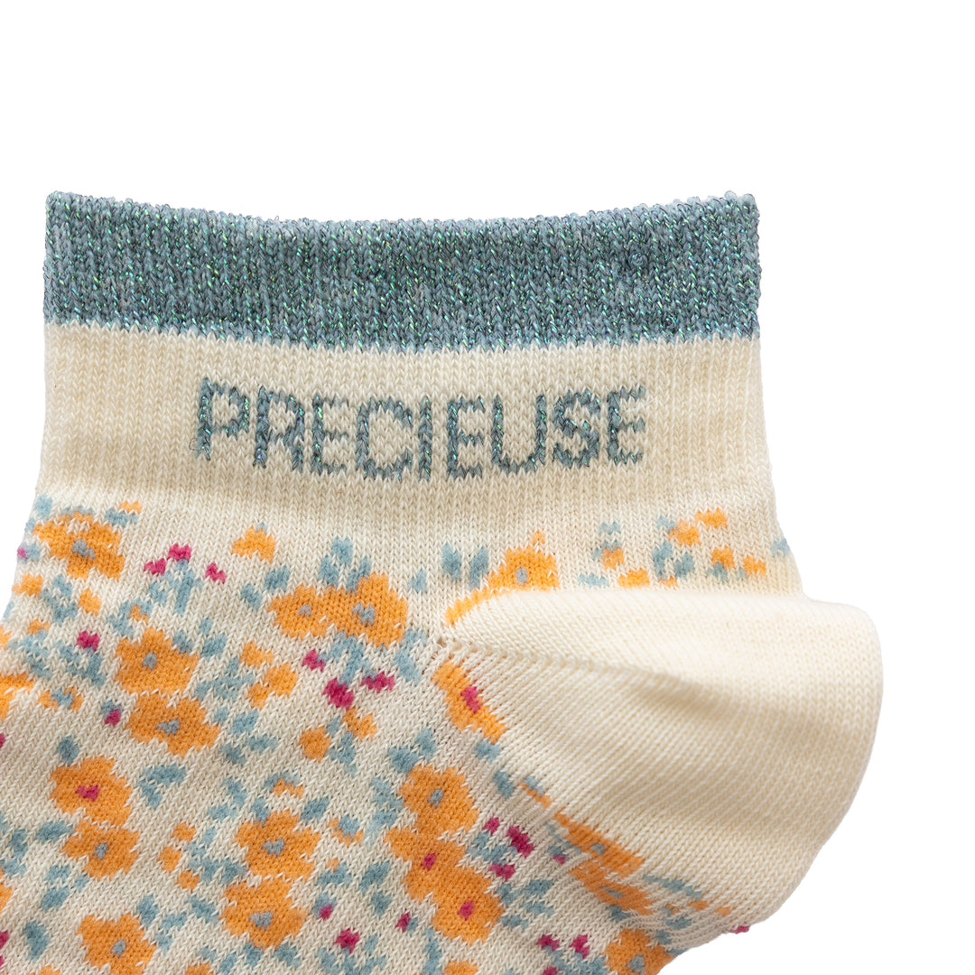 Chaussettes sneakers liberty orange à message bleu pailleté