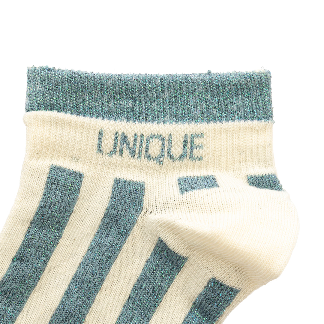 Chaussettes sneakers rayées vert de gris à message pailleté