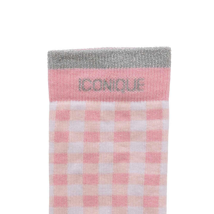 Chaussettes hautes vichy rose à message argenté