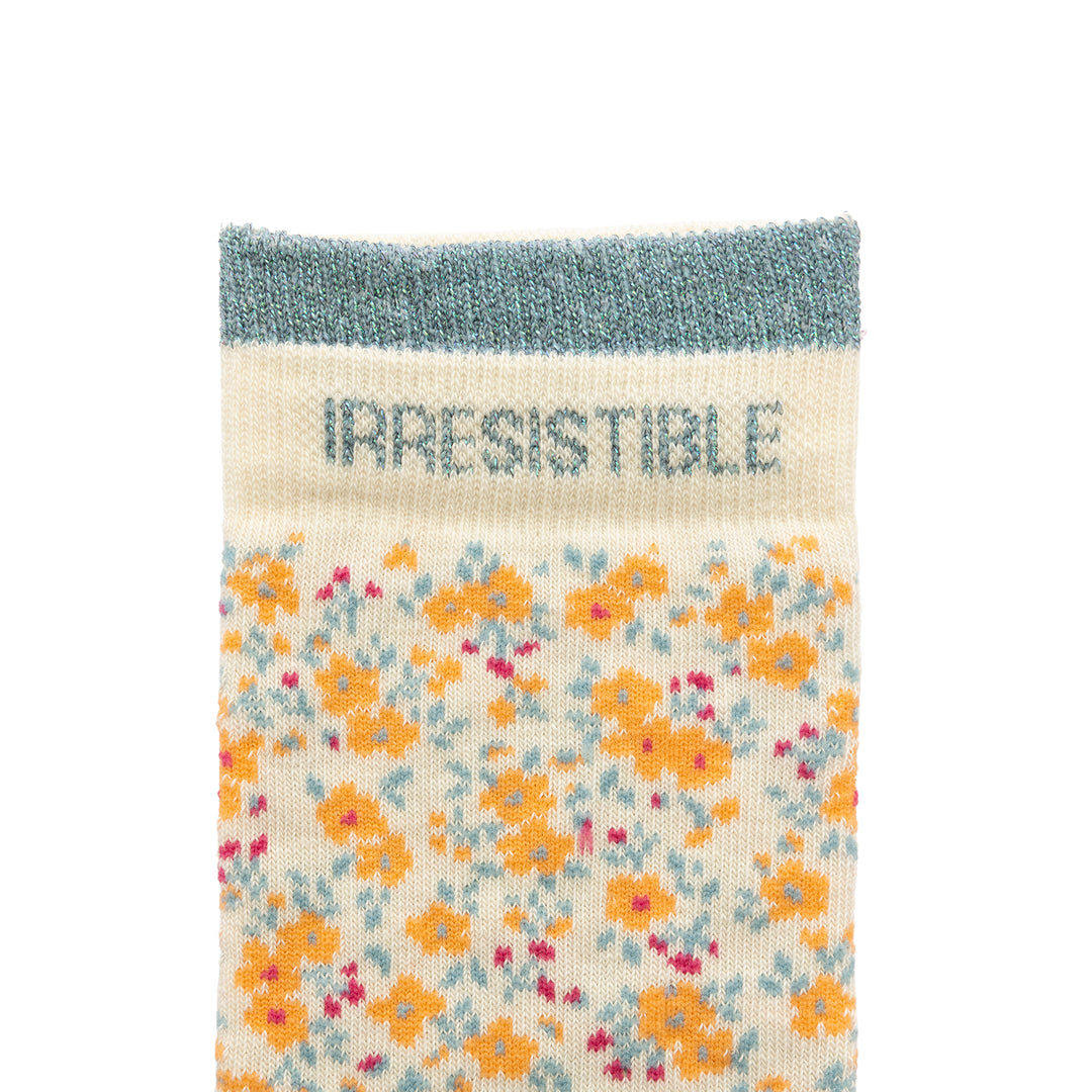Chaussettes hautes liberty orange à message bleu pailleté