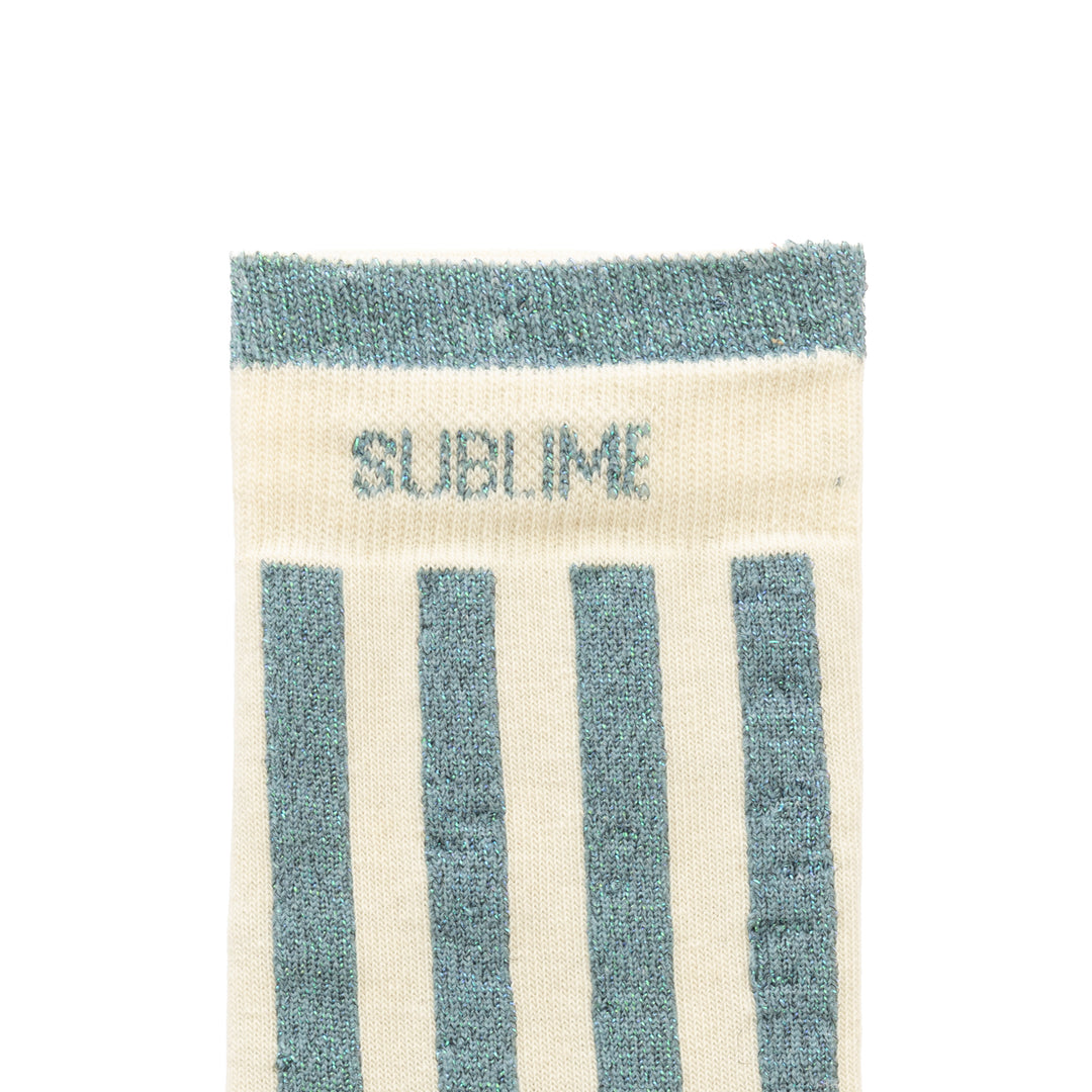 Chaussettes hautes rayées vert de gris à message pailleté