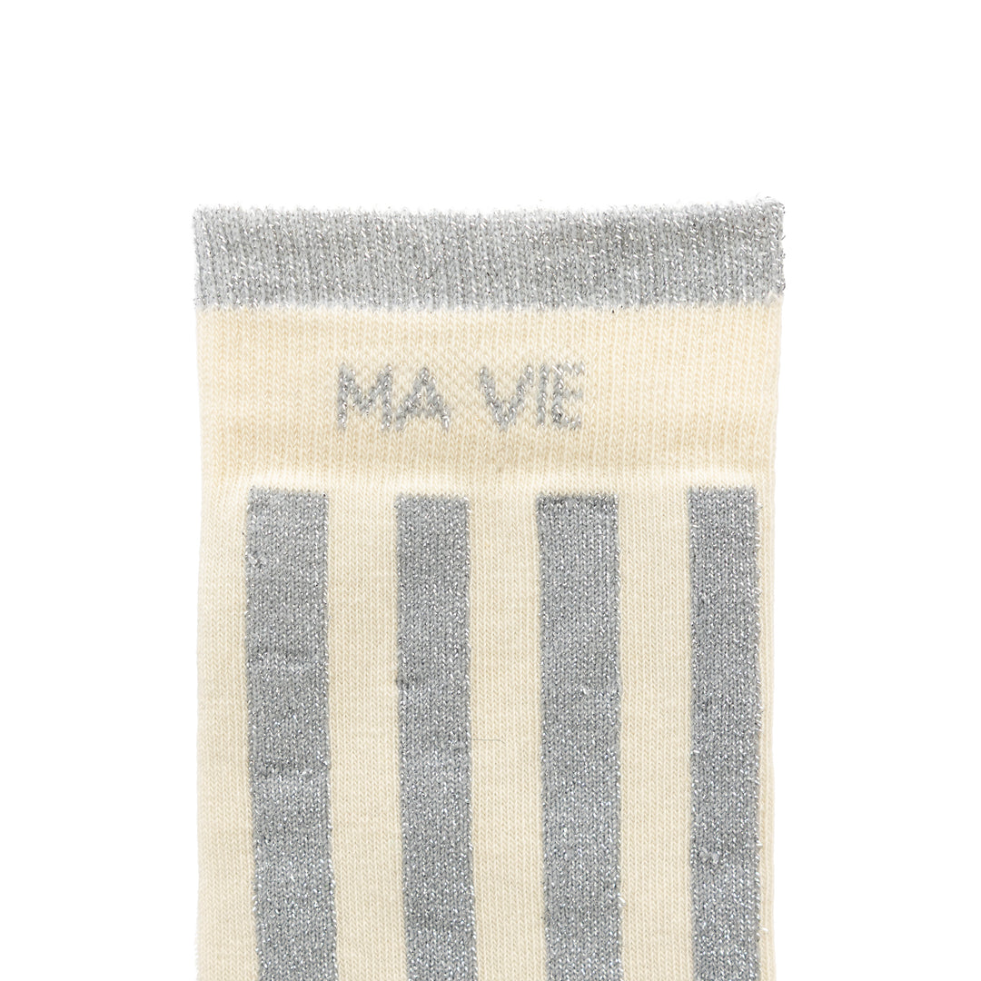 Chaussettes hautes rayures grises à message argenté