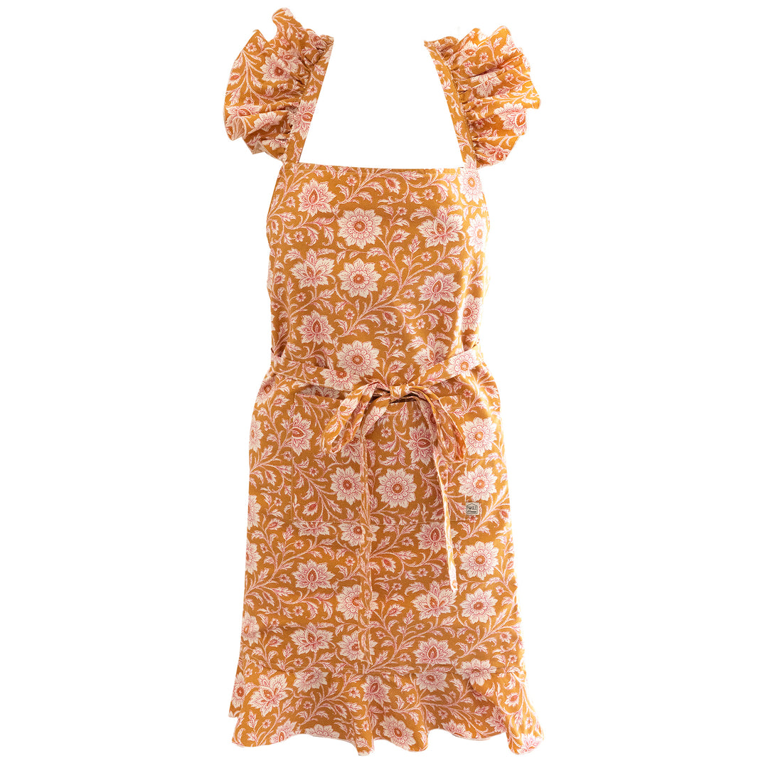 Tablier de cuisine féminin fleurs indiennes ocre