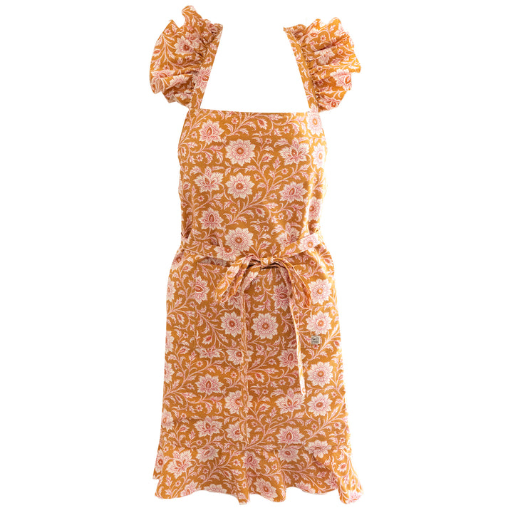 Tablier de cuisine féminin fleurs indiennes ocre