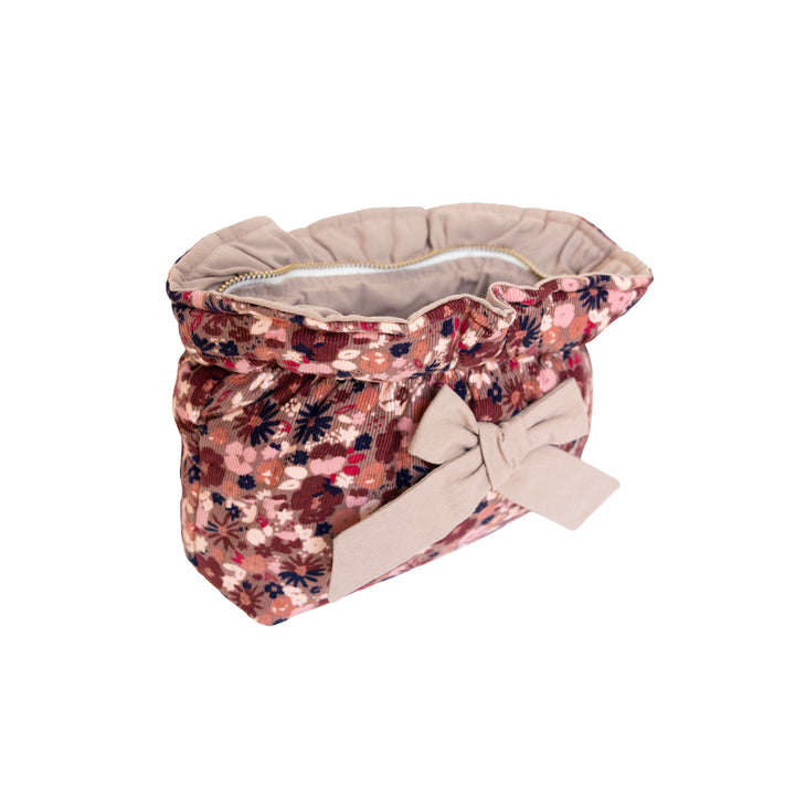 Trousse maquillage velours à nœud mille raies fleurs mocha ouverte – Poule House