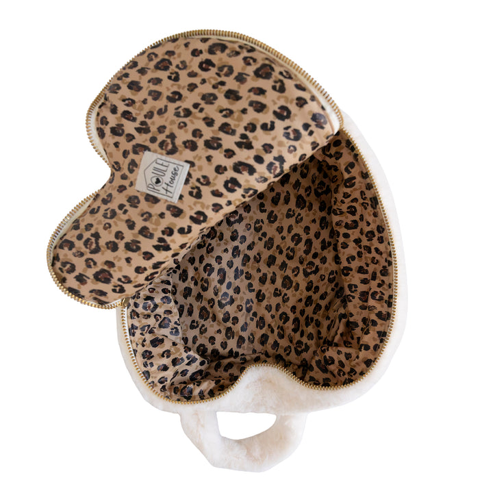 Vanity Valentina angora ivoire ouvert intérieur léopard – rangement accessoires beauté