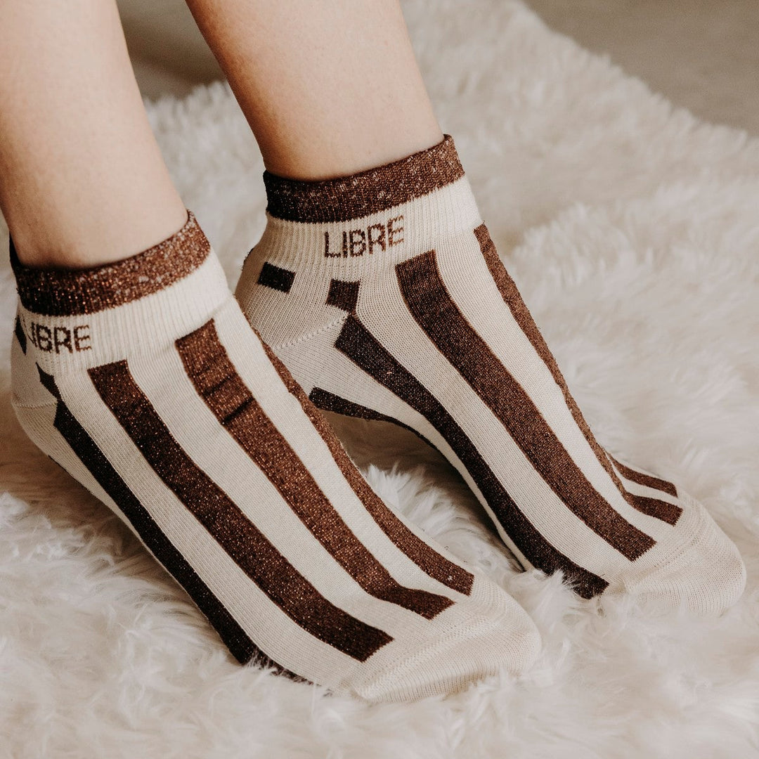 Chaussettes sneakers fantaisie lurex "LIBRE" – rayures chocolat