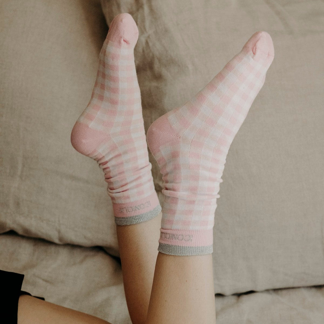 Chaussettes hautes fantaisie lurex "ICONIQUE" – vichy rose