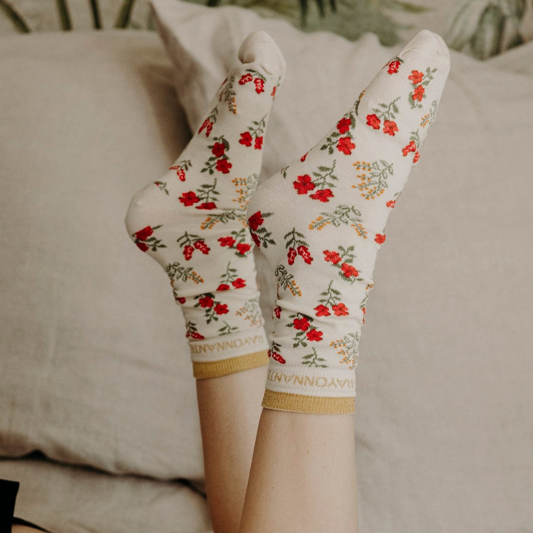 Chaussettes hautes fantaisie lurex "RAYONNANTE" – fleurs rouges