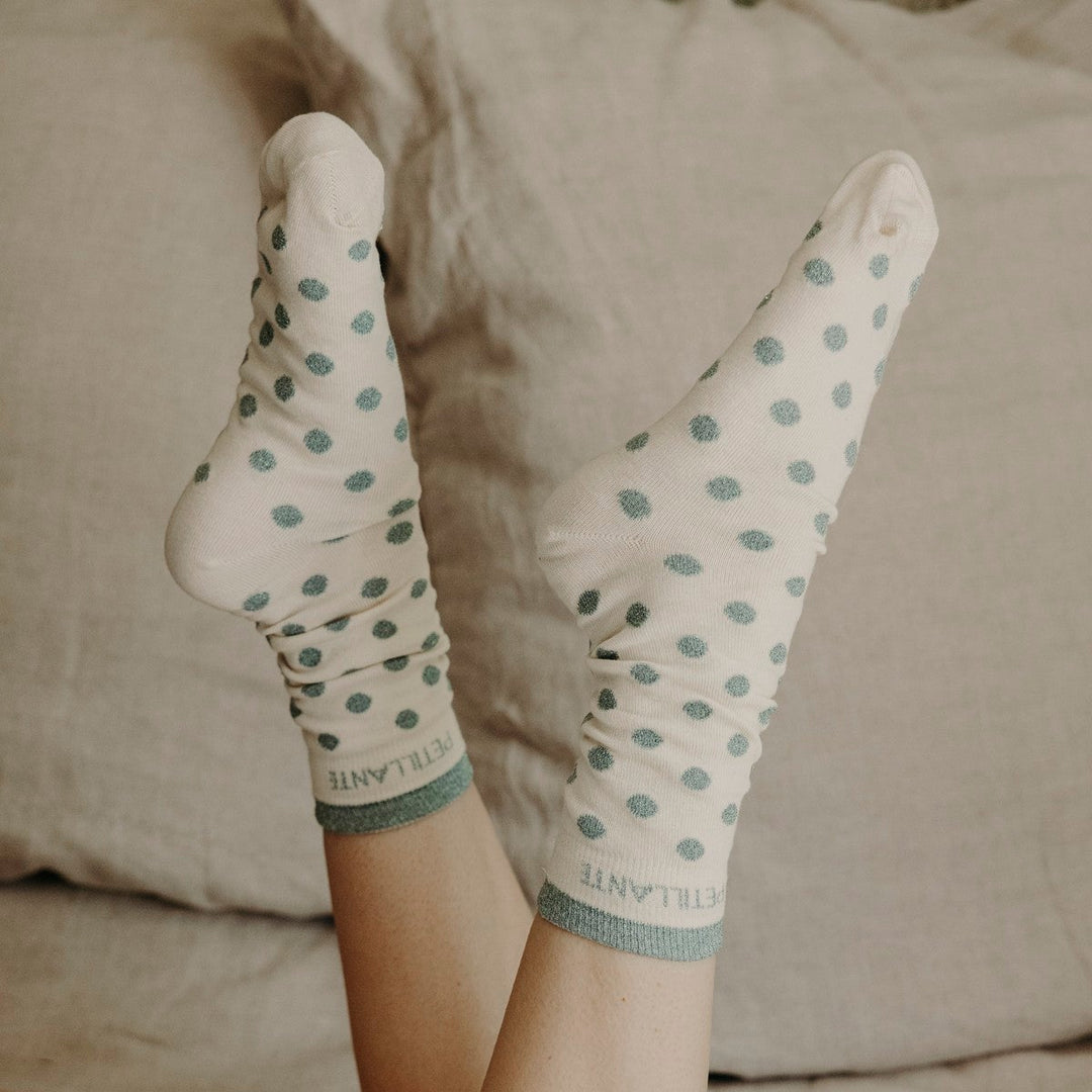 Chaussettes hautes fantaisie lurex "PÉTILLANTE" – pois vert de gris