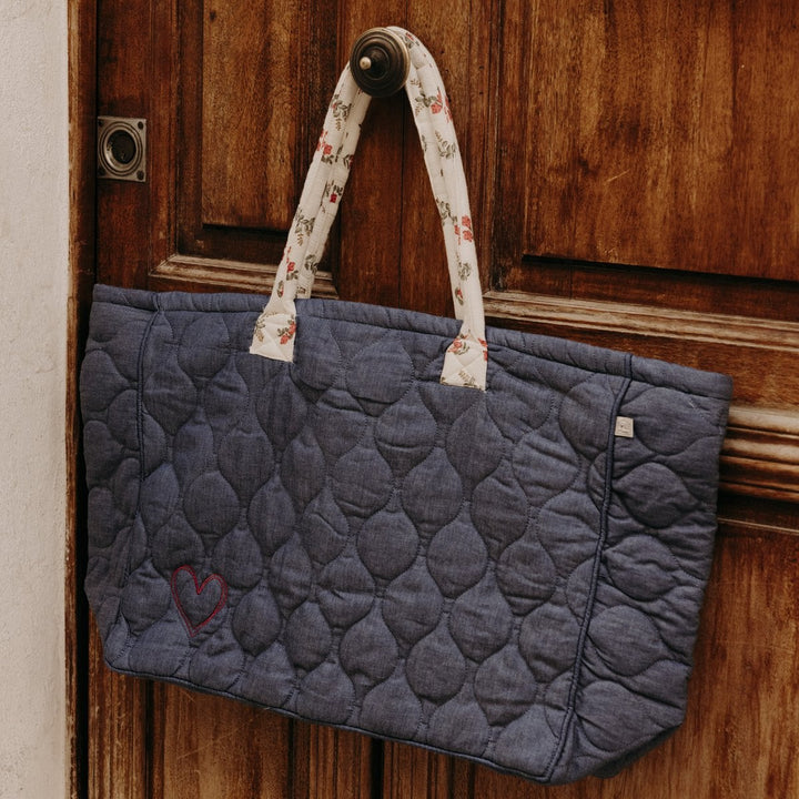 Grand sac cabas matelassé - chambray / fleurs rouges | Poule House