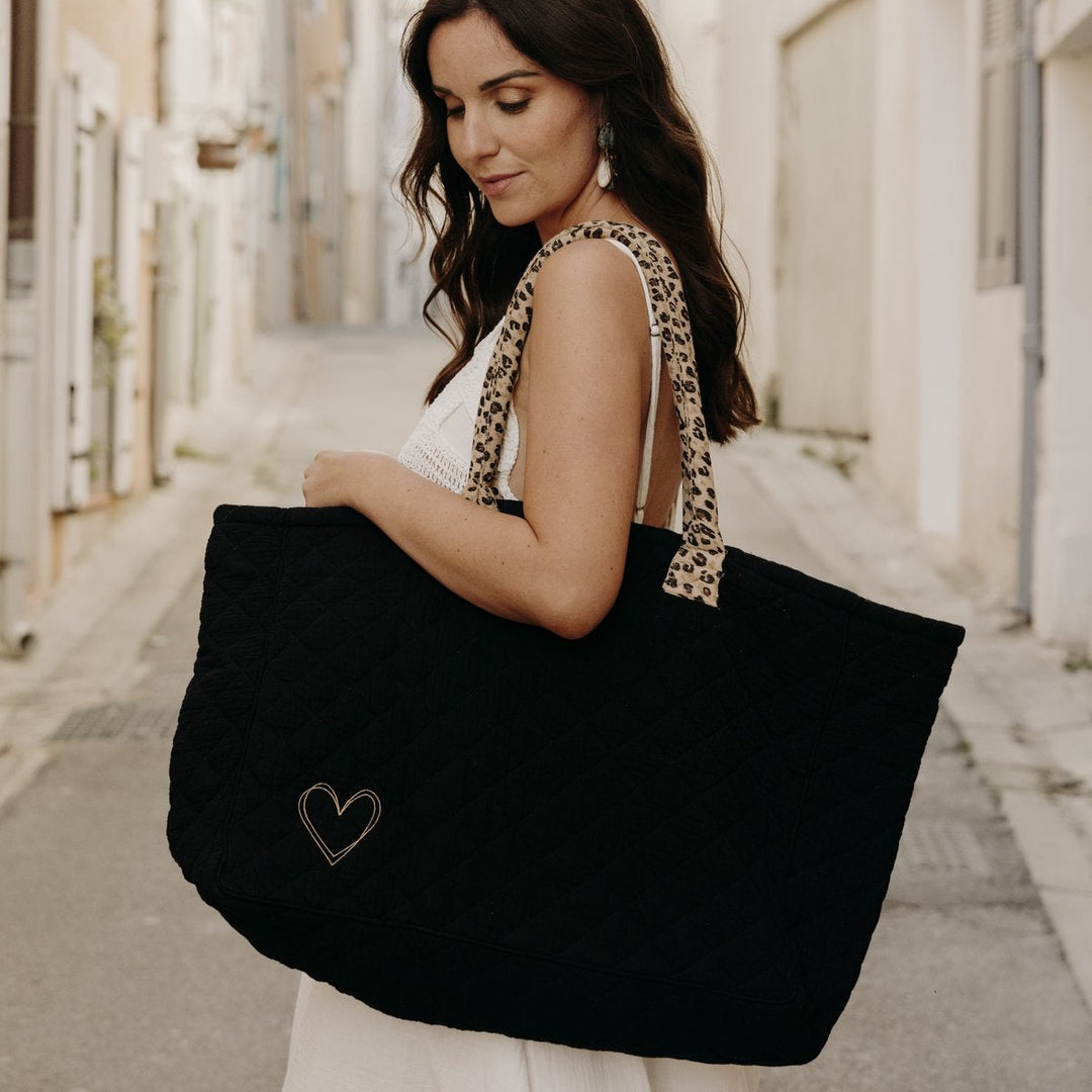 Grand sac cabas matelassé - noir / léopard | Poule House
