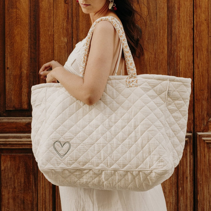 Grand sac cabas matelassé - crème / liberty orange | Poule House