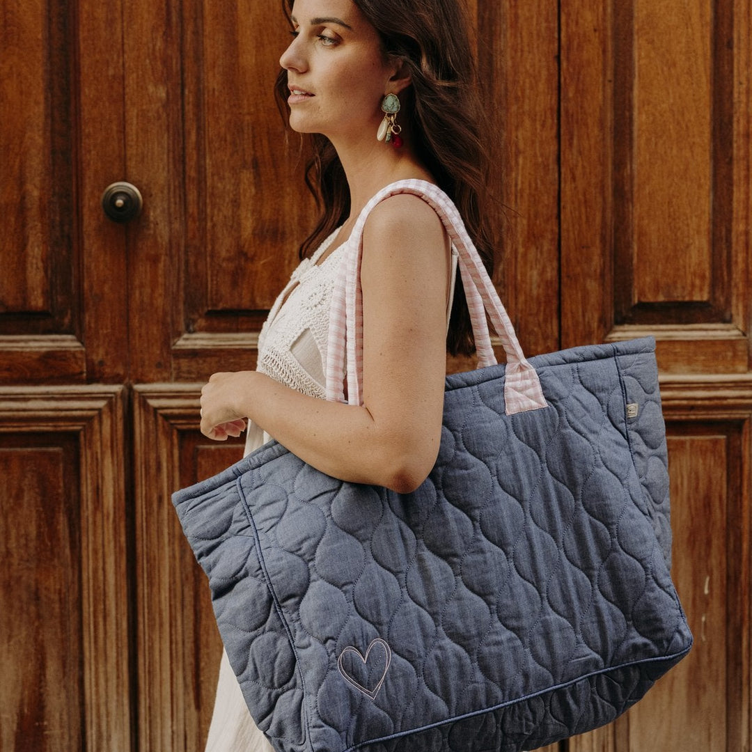 Grand sac cabas matelassé - chambray / vichy rose | Poule House