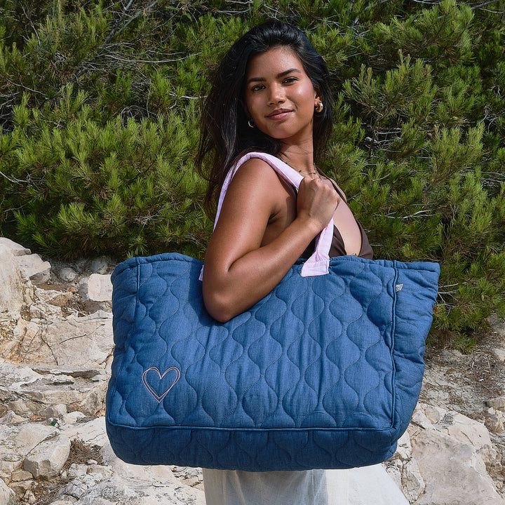 Grand sac cabas matelassé - chambray / vichy rose | Poule House
