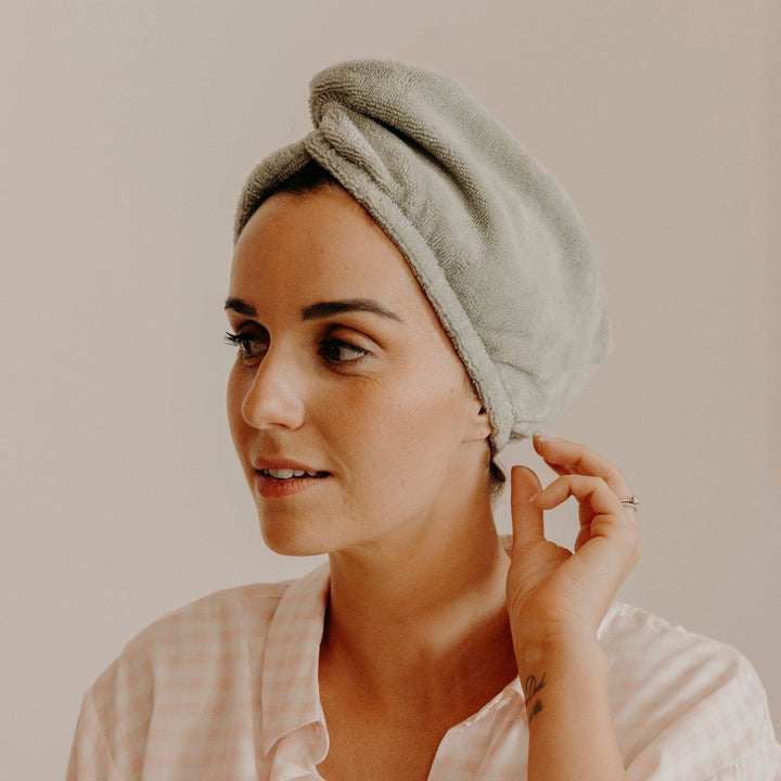 Lifestyle serviette turban cheveux en éponge bambou sauge - Poule House