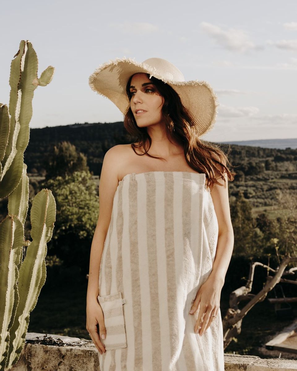 Lifestyle Paréo de bain bambou éponge rayée écru / galet - Poule House