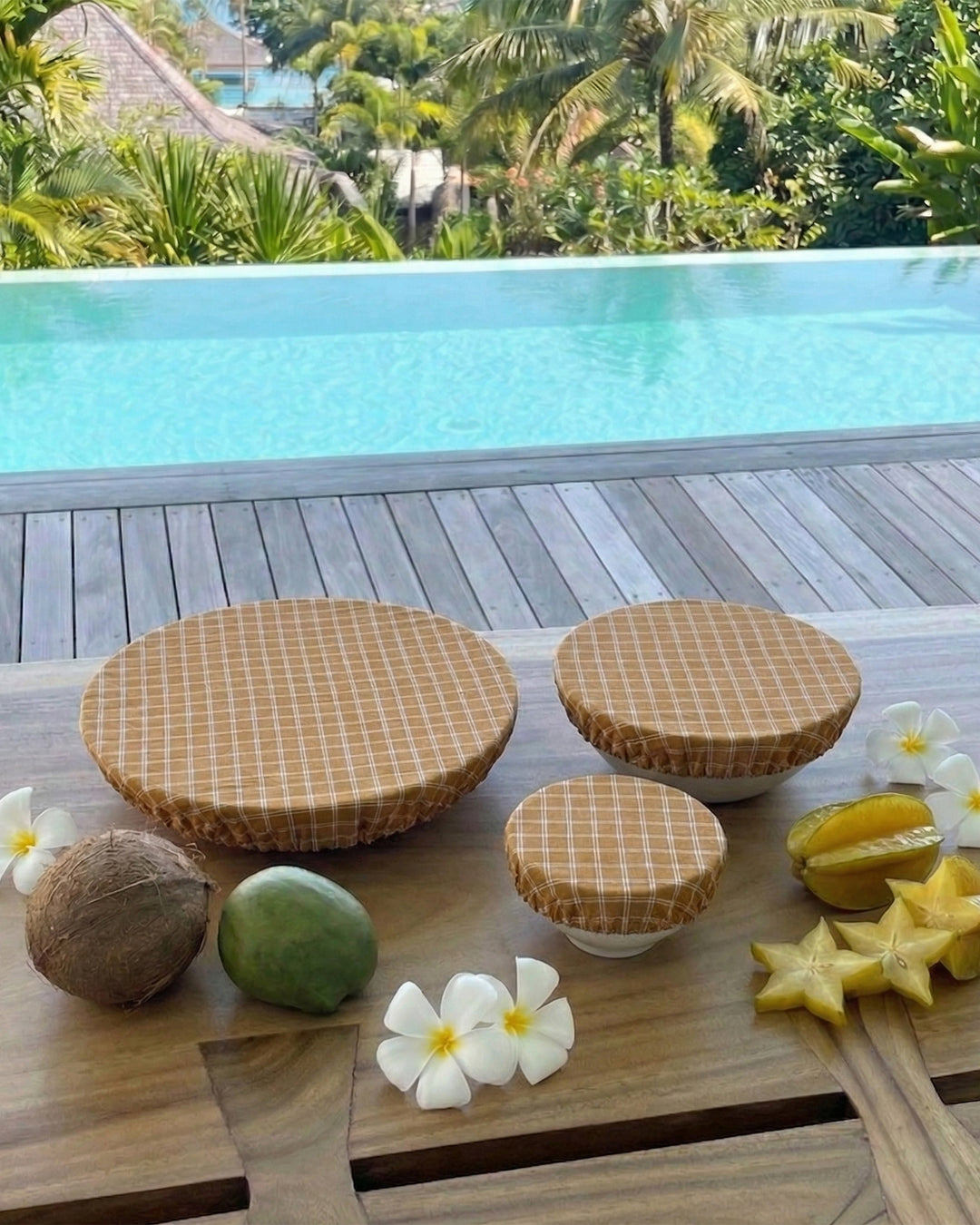 Lifestyle set 3 couvre-plats coton enduit carreaux cassonade - Poule House